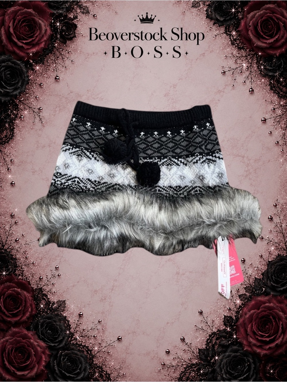 New ROMWE Knit Faux Fur Trim Mini Skirt – Gray/Black – Size Medium